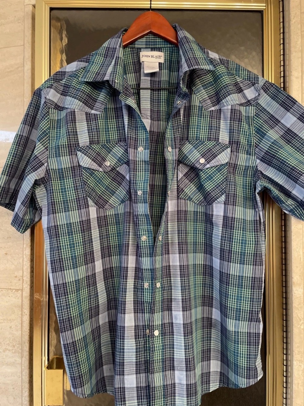 Men’s John Blair Blue Plaid Print Short Sleeve Pearl Snap Front Shirt Size Large